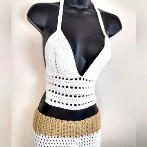 White Tan Halter Crop Top Drawstring Top and Skirt Set Handmade Size S/M